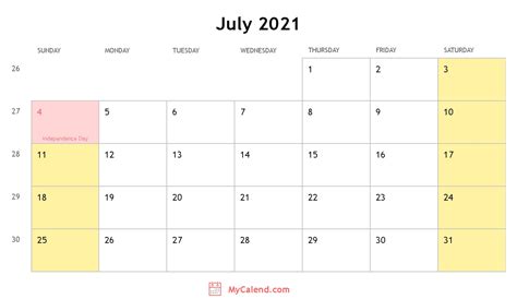 July 2021 Calendar With Holidays Monthly Printable Calendar