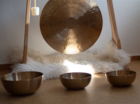 Gong And Singing Bowls Close Up Sound Healing Instrument For Ceremony