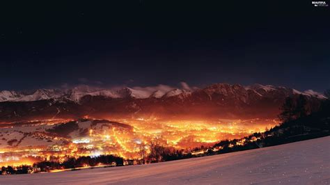 Poland Tatry Mountains City At Night Zakopane Beautiful Views