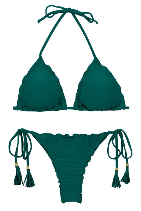 Dark Green Scrunch Thong Bikini With Wavy Edges Set Uv Galapagos Tri