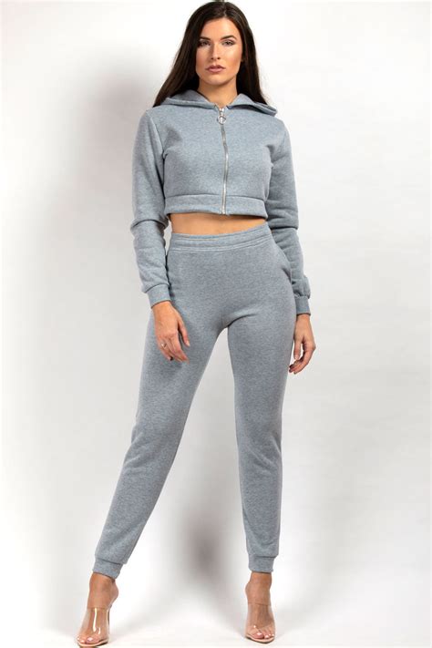 Grey Cropped Hoodie Joggers Loungewear Co Ord Set Uk