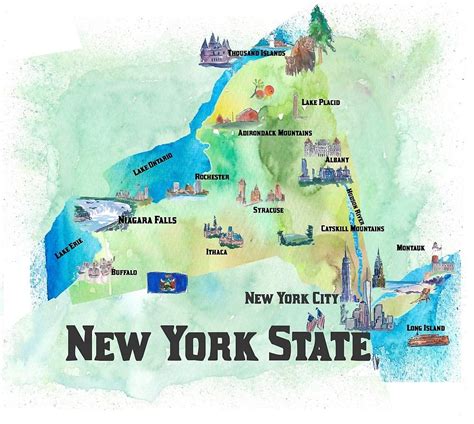 Usa New York State Travel Poster Map With Tourist Highlights Von