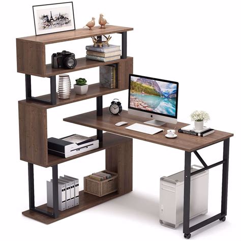 Buy TribeSigns Rotating Computer Desk With Shelves Bookshelf Vintage Rustic L Shaped Corner
