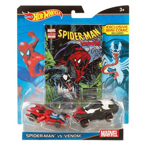 hot wheels marvel spider man vs venom character car 2 pack with comic