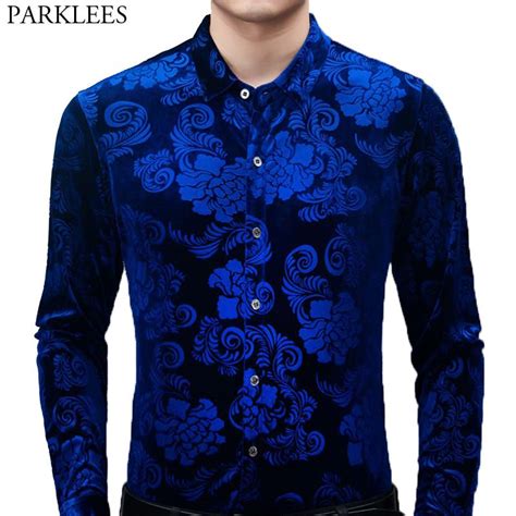 2020 Royal Blue Velvet Velour Shirt Men 2020 Spring New Slim Fit Long