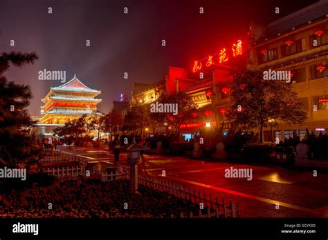 Xian Drum Tower And Hotels At The City Downtown Nighttime Old City