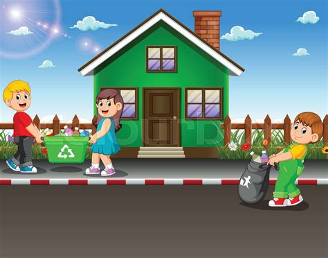 Volunteer Kids Collecting Trash At Street Of House Stock Vector