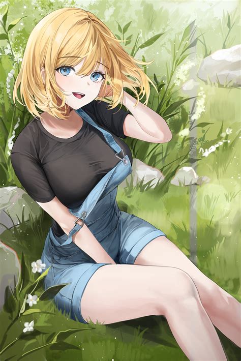 Blonde Blue Eyes Solo Big Boobs Anime Anime Girls Grass Jeans