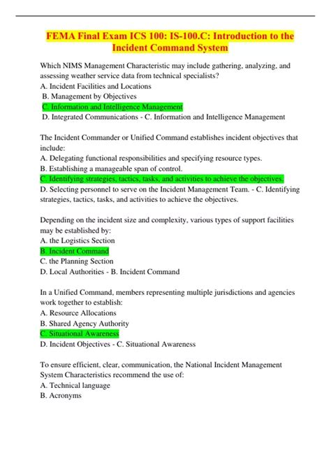 FEMA Final Exam ICS 100: IS-100.C: Introduction to the Incident Command