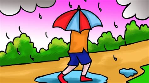 Easy Kids Drawing How To Draw A Rainy Season With Simple Scenery