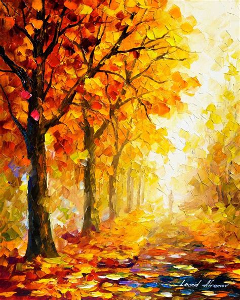 An Oil Painting Of Autumn Trees And Leaves