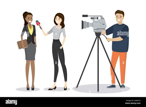 Female Television Reporter With Microphone Interviews Business Womanflat Vector Illustration