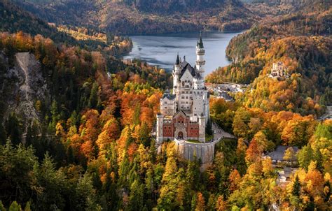 Обои осень лес озеро замок Германия Бавария Germany Bavaria
