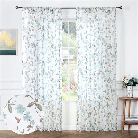 Tollpiz Sheer Floral Curtain Blue Flower Butterfly Printed Bedroom