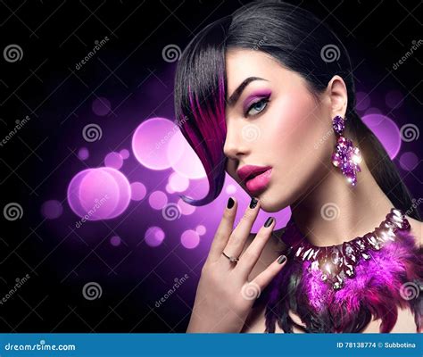 Beauty Woman With Purple Dyed Fringe Hairstyle Stock Photo Image Of