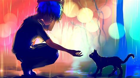 720p Free Download 1600x900 Anime Boy Cat Raining Scenic Sad