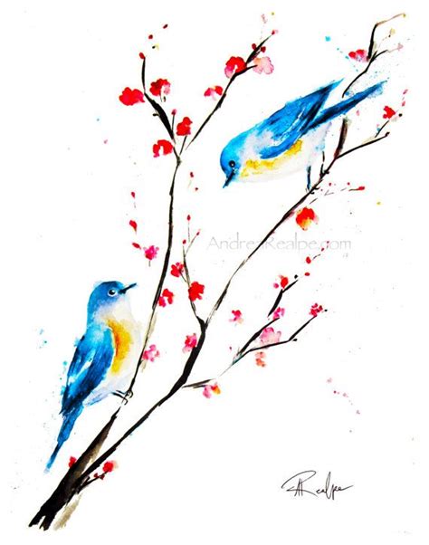 Bluebird Painting Bird Art Cherry Blossoms Watercolor Etsy