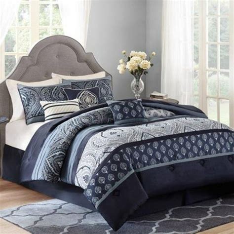 Do you suppose silver and blue comforter sets appears to be like great? King Size Navy Blue Grey Paisley 7-Piece Bedding Comforter ...