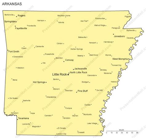 Arkansas Outline Map With Capitals And Major Cities Digital Vector
