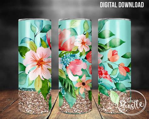 Tropical Flowers 20 Oz Skinny Tumbler Sublimating Png Glitter Floral