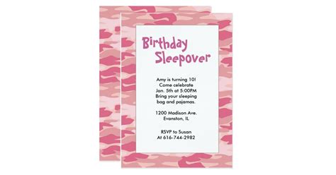 girls camo pink birthday sleepover invitation zazzle