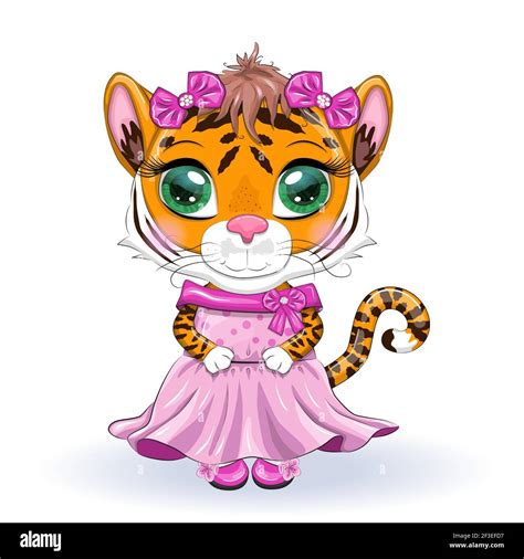 Cute Cartoon Tiger Girl With Beautiful Eyes In A Dress Chinese New