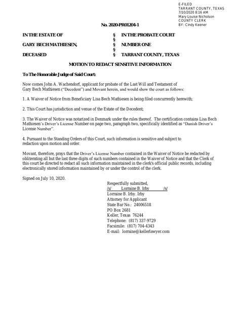 Document For In The Estate Of Gary Bech Mathiesen Deceased Trellis
