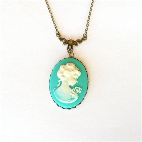 Cameo Necklace Victorian Lady Cameo Teal Green Cameo Etsy