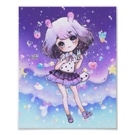 Cute Chibi Girl In Kawaii Pastel Galaxy Poster Au