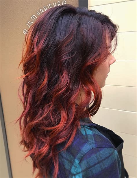 Fiery Red Fall Hair Balayage Highlights Violet Red Copper Curls Waves Brunette Hair