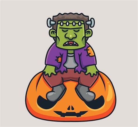 Lindo Frankenstein Sentado En Calabaza Gigante Concepto De Halloween De