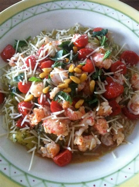 Take a healthy vietnamese approach to salads by using cold vermicelli noodles with a sweet dressing, shellfish, coriander and mint. Spaghetti squash, sauteed grape tomatoes, langostino (little lobster, available at Costco), pine ...