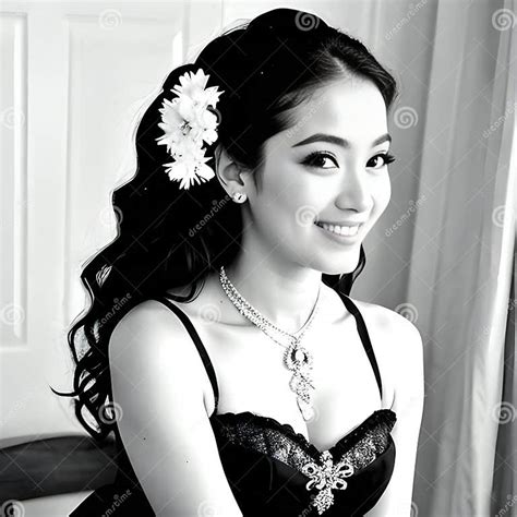 Beautiful Asian Woman In Black Lingerie Black And White Stock