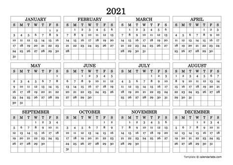 2021 Blank Yearly Calendar Landscape Free Printable Templates
