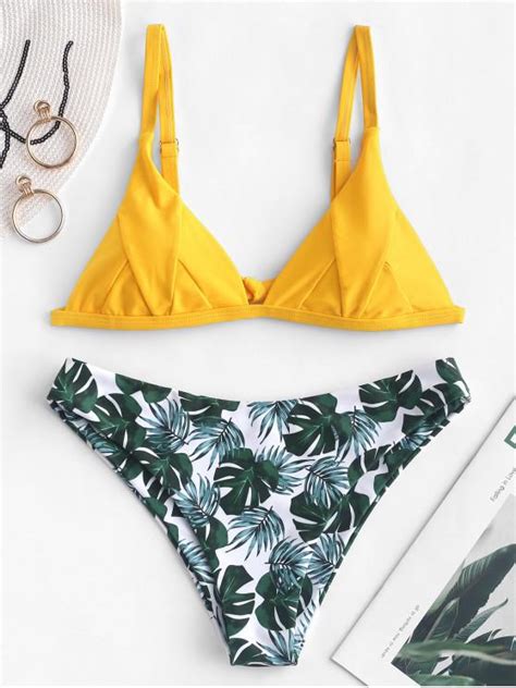 13 Off 2021 Zaful Tropical Leaf Print Bikini Set In Bright Yellow Zaful