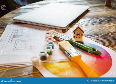 Closeup Model Of House Interior Designer Tools And Colour Circle