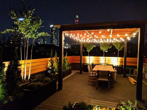 Nighttime Ambience On Park Slope Roof Garden With Custom Pergola