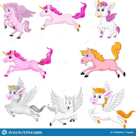 Set Of Cute Cartoon Unicorns Isolated On A White Background Stock