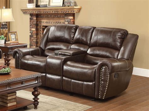 Leather Upholstered Glider Reclining Loveseat With Center Console