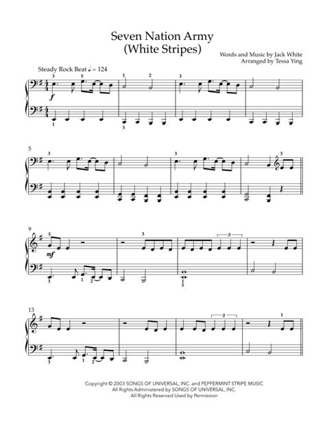 Seven Nation Army Arr Tessa Ying Sheet Music White Stripes Piano Solo