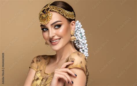Portrait Of Beautiful Indian Girl Young Hindu Woman Model With Golden Kundan Jewelry Set