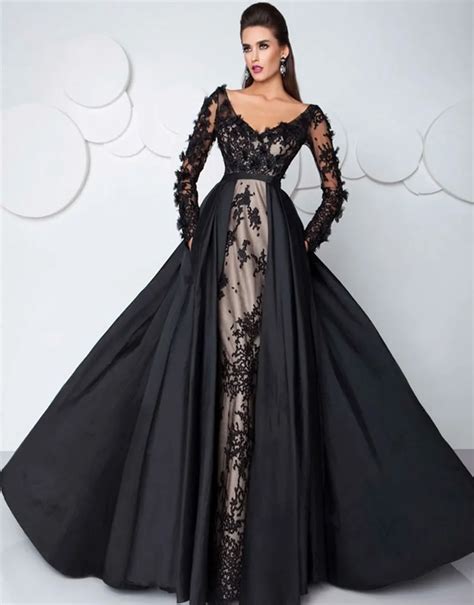 Fashion Prom Dress Party Gown Saudi Arabia Sexy Black Evening Dresses With Long Sleeves