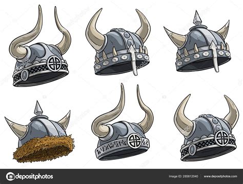 Cartoon Metal Viking Helmet With Horns Vector Set Stock Vector Image By