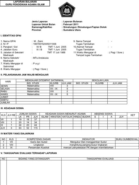 Format Laporan Bulanan Sekolah Dasar Excel Silabus Paud