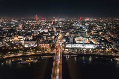 Epic Night Aerial View Of The London River Thames London Eye