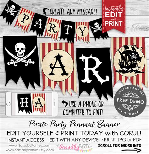 Pirate Party Banner Instant Download Editable And Printable Etsy
