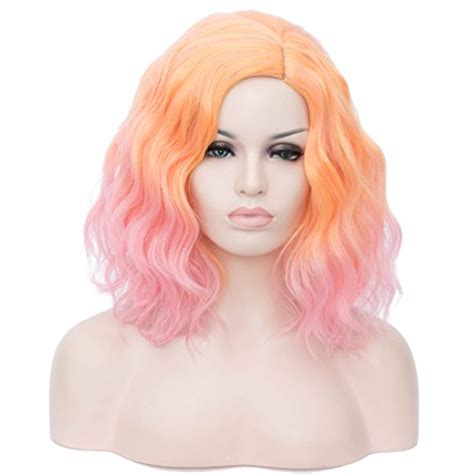 14″ Women Short Wavy Curly Wig Orange Pink Bob Wig Cosplay Halloween