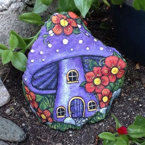 Purple Mushroom House Pretty Little Painted Rock Home For Fairy Or