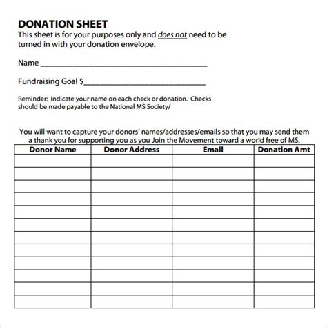Donation Sheet Template 8 Free Samples Examples Format