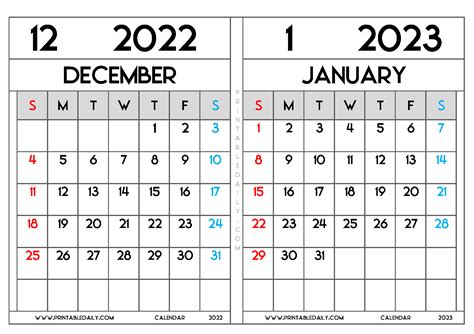 December 2022 January 2023 Calendar Printable And The Years To Come